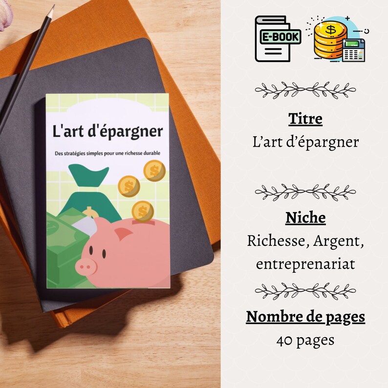 May include: A book cover with a pink piggy bank and a green money bag. The title of the book is "L'art d'&eacute;pargner" and the subtitle is "Des strat&eacute;gies simples pour une richesse durable".