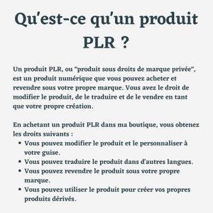 May include: Text explaining what a PLR product is, or "private label rights" product. It explains that you can buy the product and resell it under your own brand. You can modify, translate, and sell it as your own creation. The text also lists the rights you get when you buy a PLR product, such as the right to modify, translate, and resell the product.