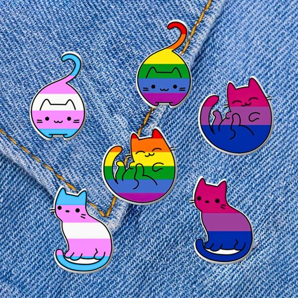 LGBTQ Cat Flag Pin - Cute LGBT Gay Lesbian Trans Queer Asexual Non Binary Pronoun Lapel, for pride or festival