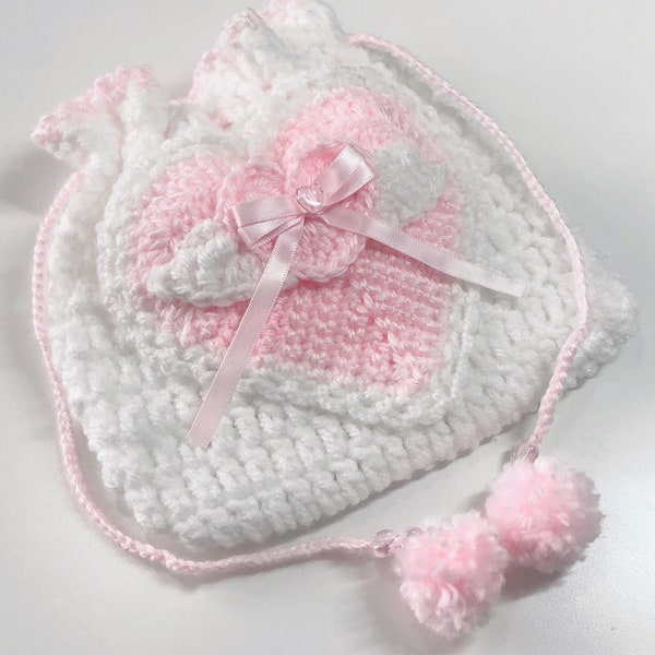 Pink & White Angel Heart Crochet Pouch