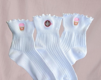 Coffee Themed Embroidered Socks, Cute Latte Crew Socks for Women, Cozy Coffee Gift, Aesthetic Socks for Her
