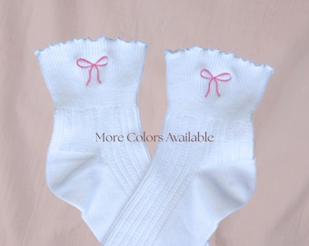 Bow Embroidered Ruffle Socks, Pilates Socks, Coquette Crew Socks for Women, Gift for Her, Bridal Party Gift, Birthday present