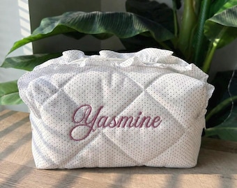 Polka Dot Personalized Ruffle Makeup Bag, Custom Embroidered Name Cosmetic Bag, Toiletry Bag, Gift for Her, Bridesmaid Gift