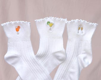 Cocktail Themed Embroidered Socks, Pilates Ruffle Sock, Cute Socks for Women, Gift for Best Friend, Bachelorette Gifts