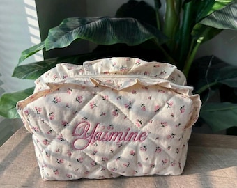 Floral Personalized Ruffle Makeup Bag, Custom Embroidered Name Cosmetic Bag, Toiletry Bag, Gift for Her, Bridesmaid Gift