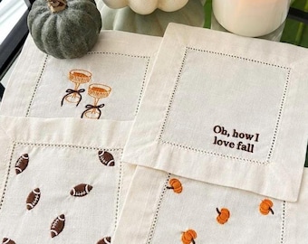 Embroidered Fall Cocktail Napkins, Football Linen Napkins, Pumpkin Napkins, Game Day Decor, Fall Table Decor, Hostess Gift