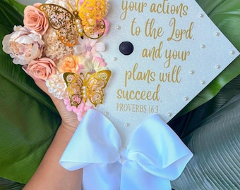 Proverbs 16:3 Graduation Cap Topper with Bow Option, Christian Graduation Decor for Her, Inspirational Bible Verse for College Grad