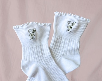 Dirty Martini with Bow Themed Embroidered Socks, Ruffle Pilates Sock, Cute Socks for Women, Gift for Best Friend, Bachelorette Gifts