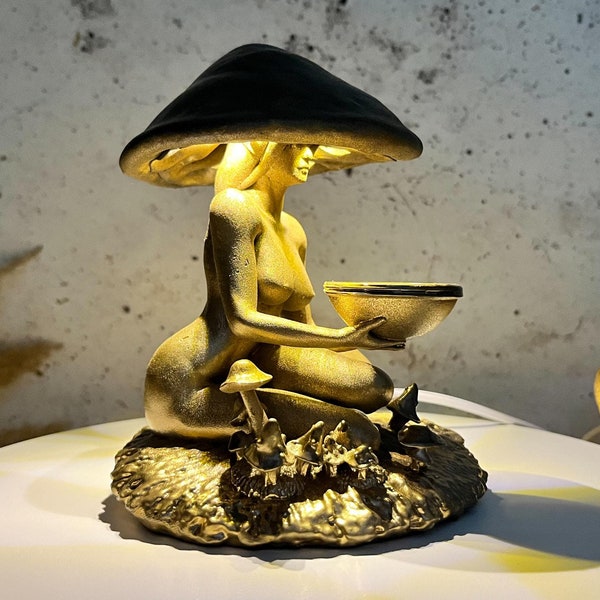 Mushroom Lady Lamp: Golden Witch Decor, Fairy Night Light