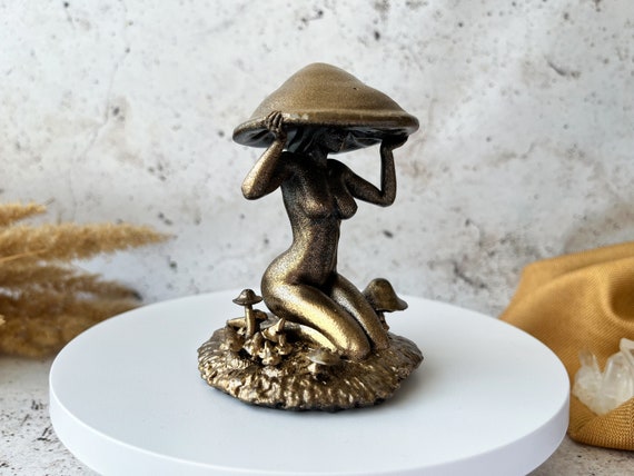Mushroom Hat, Forest Witch Decor, Vintage Golden Silver Fairy Figurine, Lady, 3D Printed