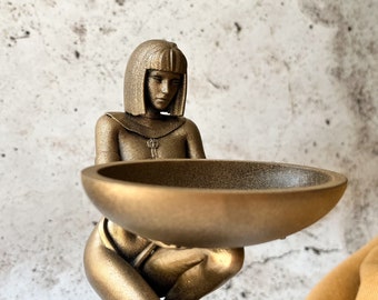 Golden Egyptian Woman Jewelry Bowl: 3D Printed Decor (6 Inches)