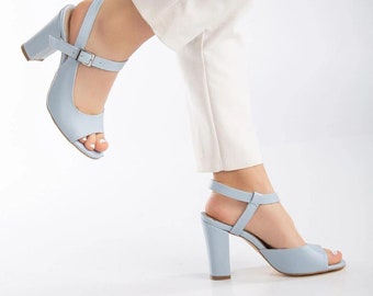 Chaussures à talons pour femmes peau bleu bébé, chaussures à talons de mariage, chaussures classiques faites main en cuir suédé, cadeau végétalien pour femme