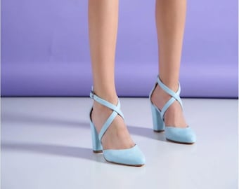 Chaussures pour femmes à talons en daim bleu bébé, chaussures à talons de mariage, chaussures classiques faites main en cuir suédé, cadeau végétalien pour femme