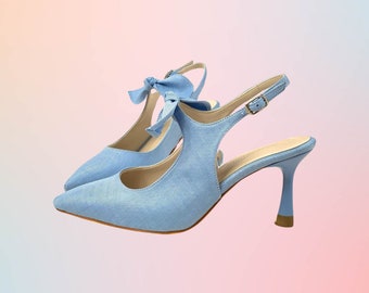 Baby Blue Bridal Block Heeled Shoes with Bow Ribbon Detail, Wedding Heeled Shoes, Suede Leather Heeled Women's Shoes, Vegan Gift for Wife