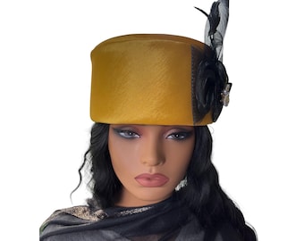 Yellow gold satin pillbox full head cover hat