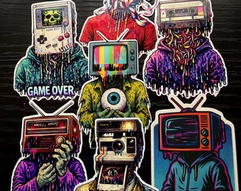 Retro Glitch Sticker Bundle | Analog Horror, TV Head, VHS, Gameboy Art Vinyl Stickers