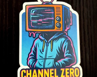 Channel Zero TV Head Sticker, Vaporwave Glitch Art, Cyberpunk Vinyl Sticker