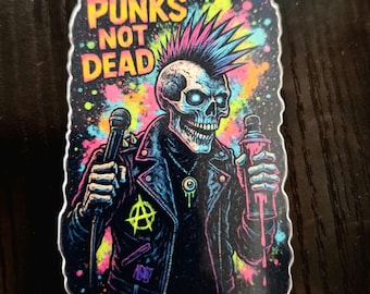 Pegatina de vinilo Punks Not Dead – Arte punk rock de calavera neón, pegatina de esqueleto lowbrow, calcomanía de rock alternativo, Lucky Sammy