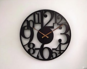 Horloge murale noire en fer de style européen | Grande horloge en bois unique | Décoration de salon esthétique | Horloge murale moderne | Cadeau pour la maison neuve