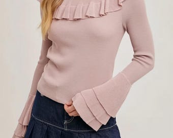 Blush Pink Ruffle Sweater Blue Ivy Knit Pullover Feminine Sweater Ruffle Trim Top Soft Knit Sweater Chic Women Sweater Elegant Pullover