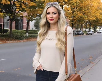 Ivory Ruffle Sweater Blue Ivy Knit Pullover Feminine Sweater Ruffle Trim Top Soft Knit Sweater Chic Women Sweater Elegant Pullover