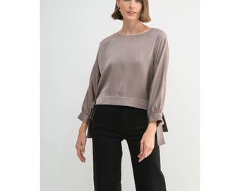Luna Tie Blouse – Pewter Satin Elegance