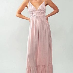sheen empire waist maxi dress in pink Blush Pink long sleeve deep v-neck Empire waist Maxi Dress
