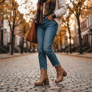 May include: A cream-colored ribbed sweater, blue denim jeans with a raw hem, and tan leather block-heel ankle boots. A brown leather tote bag is carried on the side, and a plaid scarf with orange, green, and brown tones is draped around the neck.
