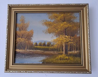 Pintura al óleo original de paisaje con marco dorado vintage de Kenneth