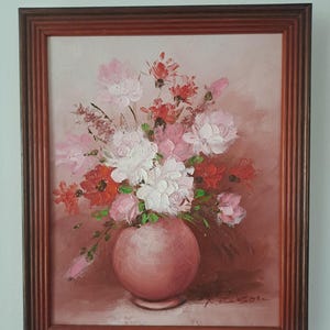 Vintage signed original floral oil painting with red wooden frame