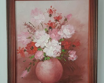 Vintage signed original floral oil painting with red wooden frame