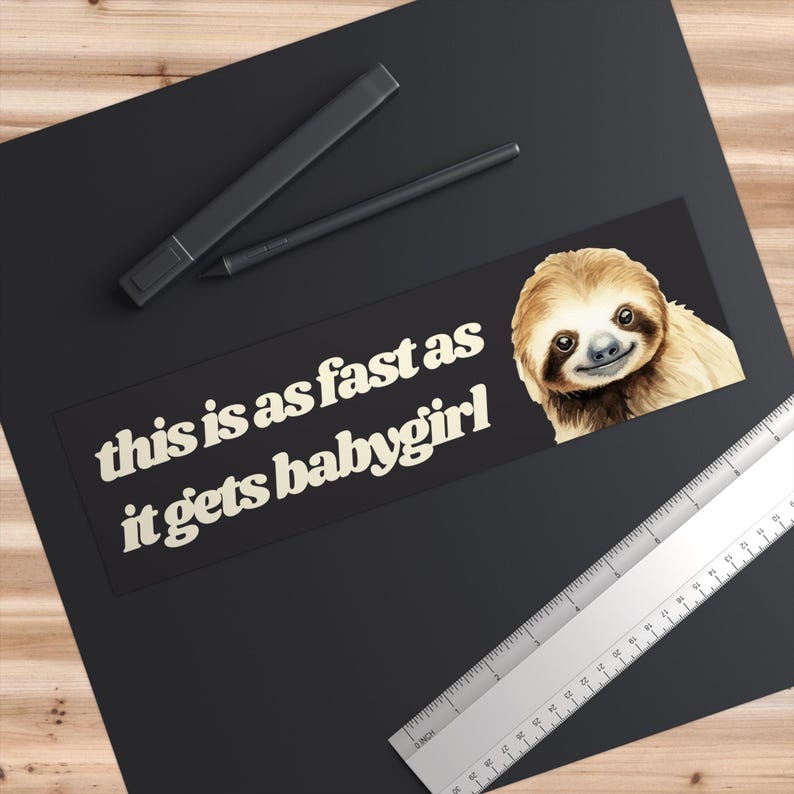 May include: A black sticker with the text "this is as fast as it gets babygirl" in white, featuring a watercolour illustration of a sloth. A ruler and two black pens are also visible.