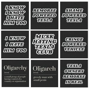 Op de afbeelding: Een zwart-witte collage van tekst-stickers met zinnen als "Ik weet dat ik hem ook haat", "Berouw aangedreven door Tesla", "Musk-hatende Tesla-club" en "Oligarchie: een kleine groep mensen die de controle heeft over een land of organisatie".