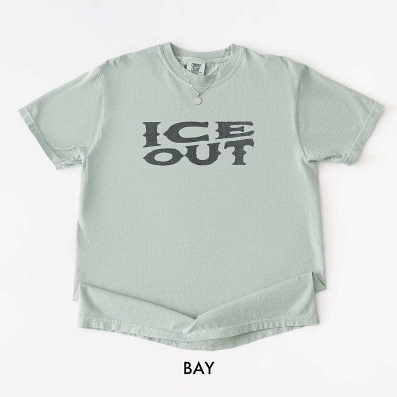 Puede incluir: Una camiseta verde claro con el texto "ICE OUT" en una fuente audaz y estilizada. La camiseta tiene mangas cortas y cuello redondo. La palabra "BAY" est&aacute; impresa en la parte inferior de la camiseta.