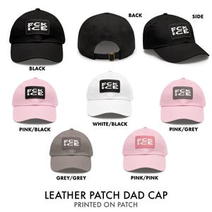 May include: A collection of dad caps in various colors, including black, white, pink, and grey. Each cap features a leather patch with the text "FCK ICE". The caps are displayed from multiple angles.