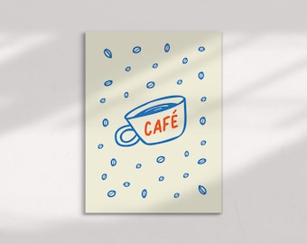 KITCHEN COFFEE PRINT – Coffee Cup Doodle Print, Coffee Lovers Gift, Retro Drawn Print, Cafe Print, Kitchen Poster, Spanish-Inspired Print