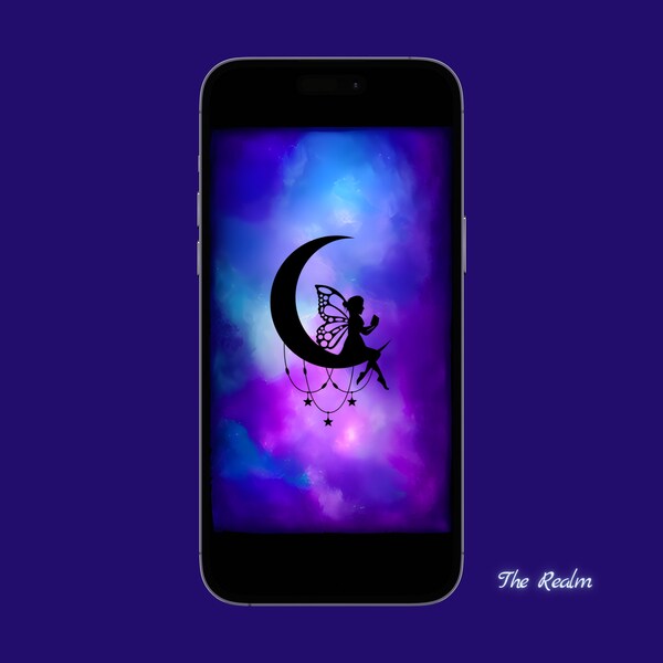 Fairy Sitting on the Moon Phone Wallpaper - Enchanting Night Sky - Instant Download