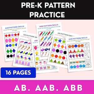 Op de afbeelding: Een set van 16 Pre-K Pattern Practice werkbladen met oefeningen voor AB-, AAB- en ABB-patronen. Elke pagina bevat rijen met gekleurde vormen, snoepjes, speelgoed en objecten met lege vakjes om in te kleuren en de patronen af te maken.