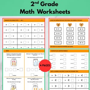May include: A math worksheet for 2nd grade students. The worksheet includes problems on completing circles with symbols, subtraction, addition, and solving word problems. The text on the worksheet reads "2nd Grade Math Worksheets".