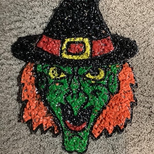Vintage 1970’s Melted Plastic Halloween Witch Face  & Hat decoration