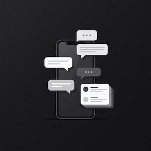 May include: A black smartphone centered against a dark background, surrounded by floating white and gray speech bubbles and notification boxes. The bubbles contain abstract lines representing text and dots indicating active messaging activity.