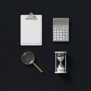 May include: A white clipboard with a silver clip, a grey calculator, a magnifying glass with a gold-toned handle and rim, and a white hourglass with white sand. These four office items are arranged in a grid on a dark background.