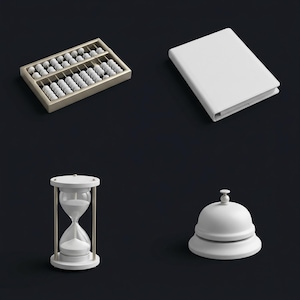 May include: A collection of four objects including a rectangular abacus with white beads in a light-colored frame, a blank white hardcover book, a white hourglass with clear glass, and a white metal service bell, all arranged on a dark background.