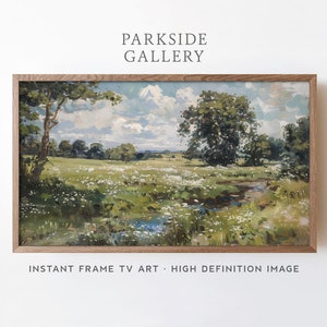 Vintage Countryside Meadow Frame TV Art, Antique Summer Landscape Oil Painting, Wildflowers Oak Trees, Samsung Frame TV Download