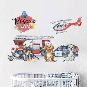 Naklejka ścienna Rescue Team Rescue Dog Naklejka ścienna Transport Naklejka ścienna Samochód policyjny Tapeta Helikopter Naklejka ścienna Wystrój pokoju dziecięcego Wystrój pokoju chłopca