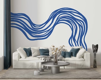 Iconic Flow Line Wall Decal Blue Brushstrokes line Wall Decal Organic Shape Wallpaper line Wall Art For bedroom room decal & office decal