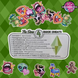 May include: A rectangular sticker featuring The Sims 4 Quick Cheats text and a green plumbob icon, surrounded by various colourful character stickers including a cow, alien, dragon, and pinata, all set against a green diamond patterned background.