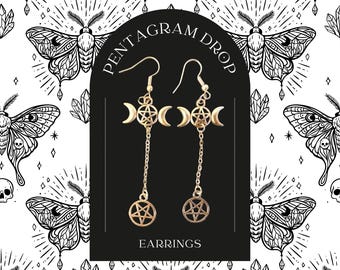 Pentagram Drop Earrings | Witchy Dangle Earring | Triple Moon Jewelry | Gothic Earrings | Pagan Jewelry | Wiccan Gift | Celestial Accessorie