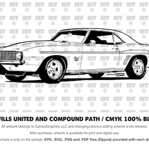 May include: Black and white line art illustration of a classic muscle car. The car features a detailed front grille, side stripes, and the text "Camaro" and "Goodyear". The image includes the text "ALL FILLS UNITED AND COMPOUND PATH / CMYK 100% BLACK".