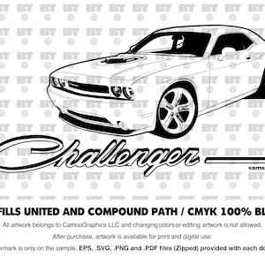 Puede incluir: Ilustración en blanco y negro de un Dodge Challenger. El coche se muestra de perfil, destacando su forma y ruedas. La palabra "Challenger" está escrita debajo en una fuente estilizada. También aparece el texto "ALL FILLS UNITED AND COMPOUND PATH / CMYK 100% BLACK".